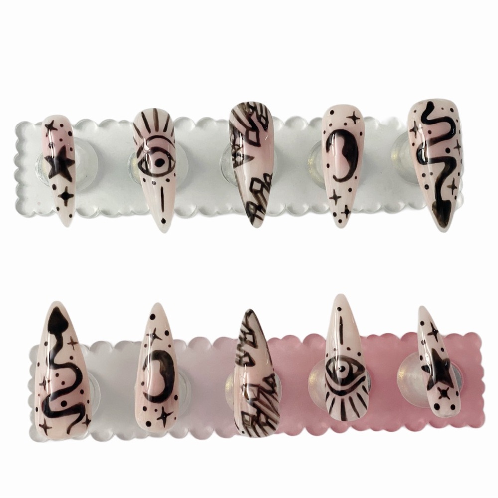 Nude black tattoo style press-on nails custom handmade long Stilletto crystal